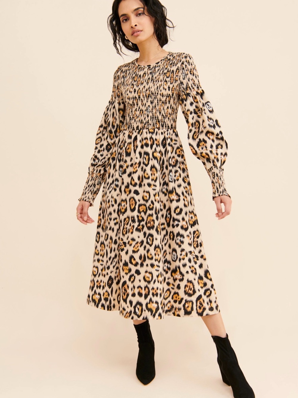 English Factory Leopard Print Smocked Long Sleeve Midi Dress - Cream/Tan/Black